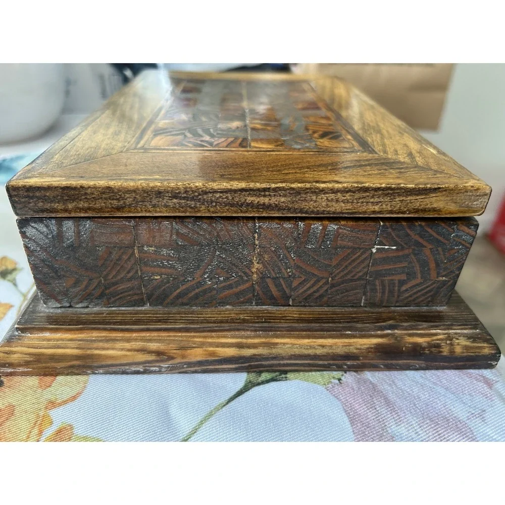 Vintage Handcrafted Parquetry Wood Jewelry Box with Mirror Ring Rolls Signed